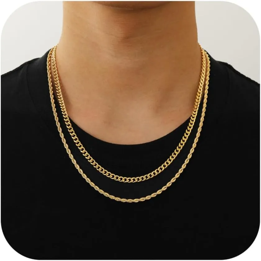 Stainless Steel Layered Chain Necklaces for Men Boys, 2Pcs Cuban Link/Rope/Herringbone Chains Jewelry Gifts, 16 "/18 ", 18 "/20 ", 20 "/22 ", 22 "/24 "