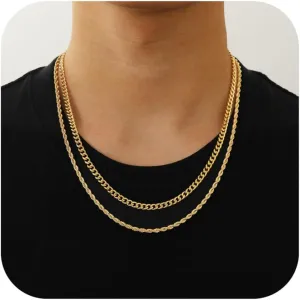 Stainless Steel Layered Chain Necklaces for Men Boys, 2Pcs Cuban Link/Rope/Herringbone Chains Jewelry Gifts, 16 "/18 ", 18 "/20 ", 20 "/22 ", 22 "/24 "