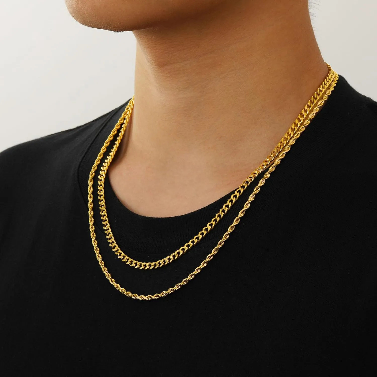 Stainless Steel Layered Chain Necklaces for Men Boys, 2Pcs Cuban Link/Rope/Herringbone Chains Jewelry Gifts, 16 "/18 ", 18 "/20 ", 20 "/22 ", 22 "/24 "
