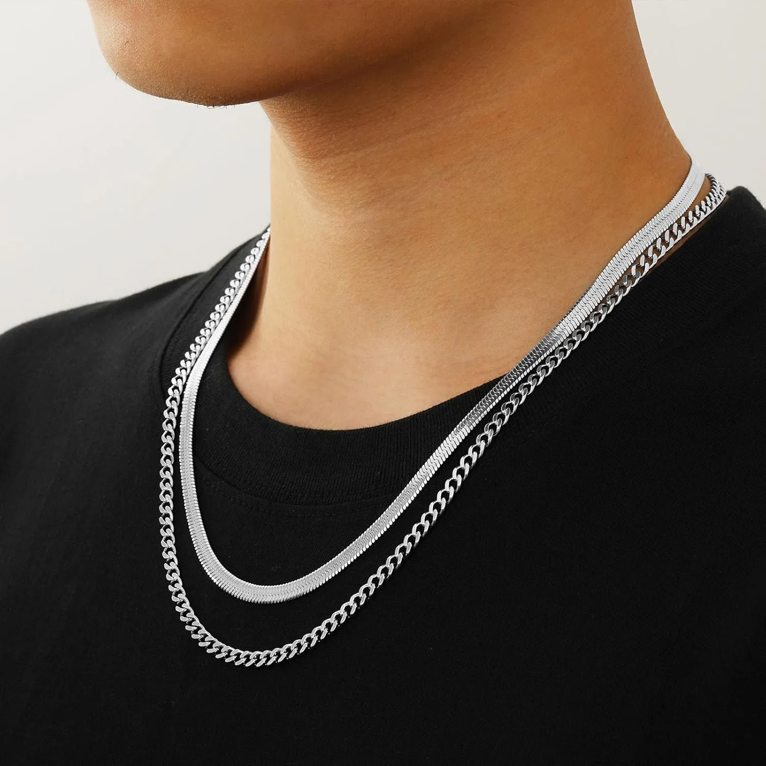 Stainless Steel Layered Chain Necklaces for Men Boys, 2Pcs Cuban Link/Rope/Herringbone Chains Jewelry Gifts, 16 "/18 ", 18 "/20 ", 20 "/22 ", 22 "/24 "