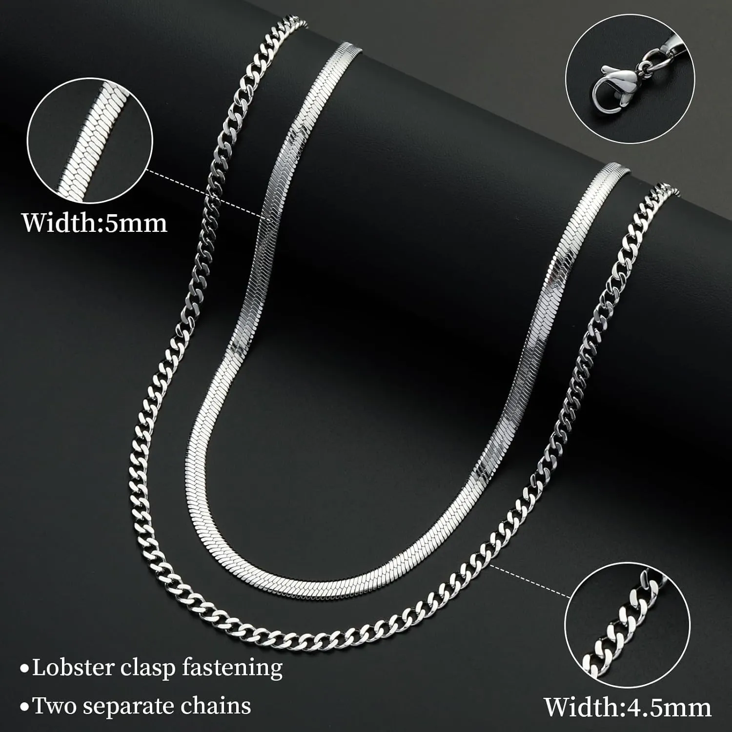 Stainless Steel Layered Chain Necklaces for Men Boys, 2Pcs Cuban Link/Rope/Herringbone Chains Jewelry Gifts, 16 "/18 ", 18 "/20 ", 20 "/22 ", 22 "/24 "