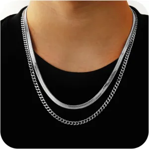Stainless Steel Layered Chain Necklaces for Men Boys, 2Pcs Cuban Link/Rope/Herringbone Chains Jewelry Gifts, 16 "/18 ", 18 "/20 ", 20 "/22 ", 22 "/24 "