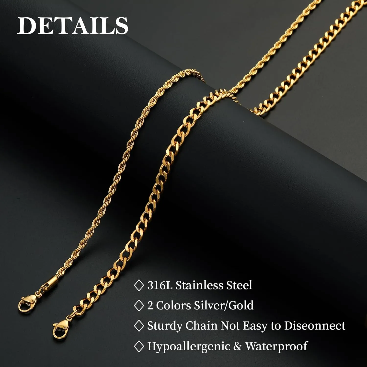 Stainless Steel Layered Chain Necklaces for Men Boys, 2Pcs Cuban Link/Rope/Herringbone Chains Jewelry Gifts, 16 "/18 ", 18 "/20 ", 20 "/22 ", 22 "/24 "