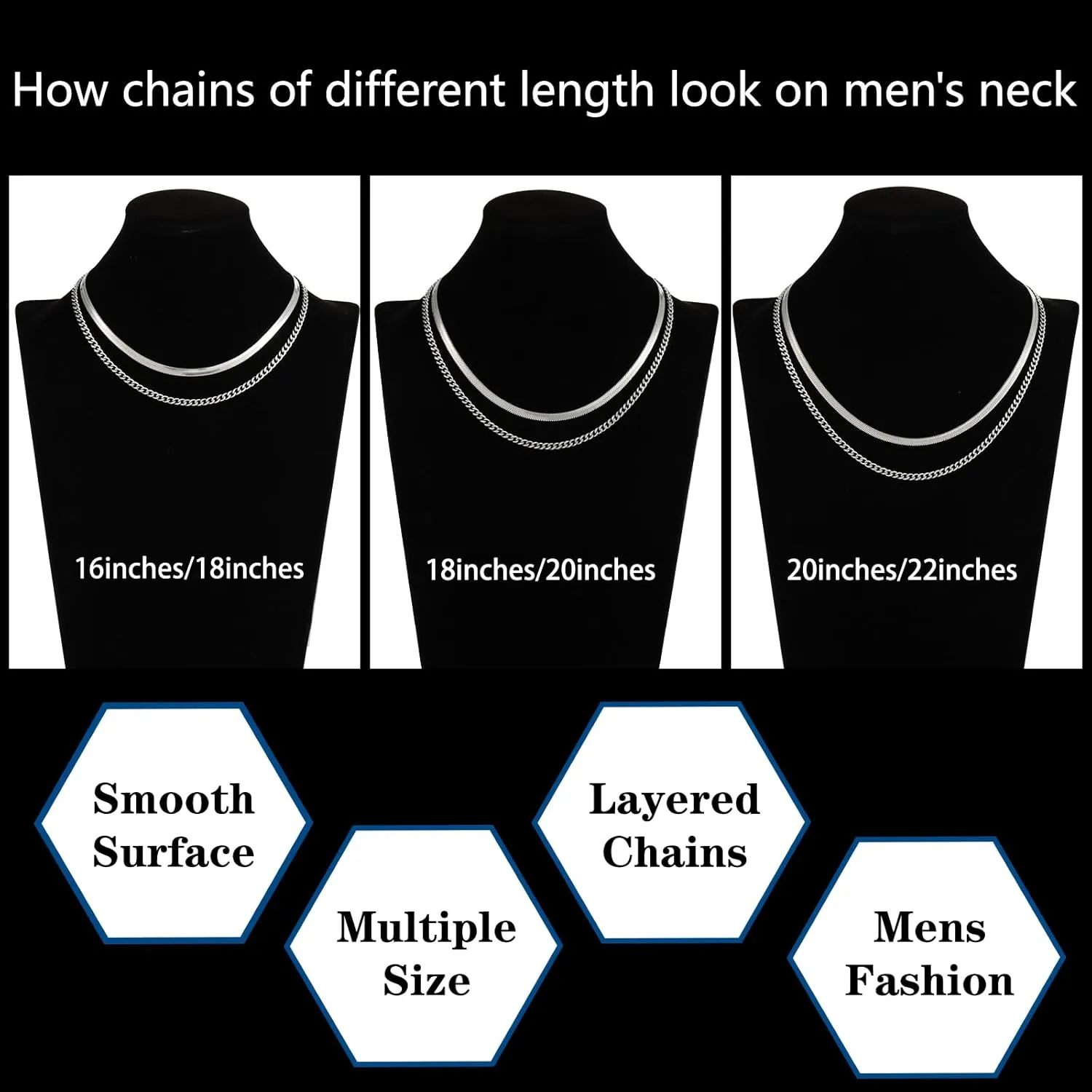Stainless Steel Layered Chain Necklaces for Men Boys, 2Pcs Cuban Link/Rope/Herringbone Chains Jewelry Gifts, 16 "/18 ", 18 "/20 ", 20 "/22 ", 22 "/24 "