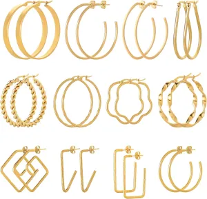 Starain 12Pcs Gold Open Hoop Earrings for Women Lightweight Stainless Steel Circle Twisted Chunky Hoop Earrings Set