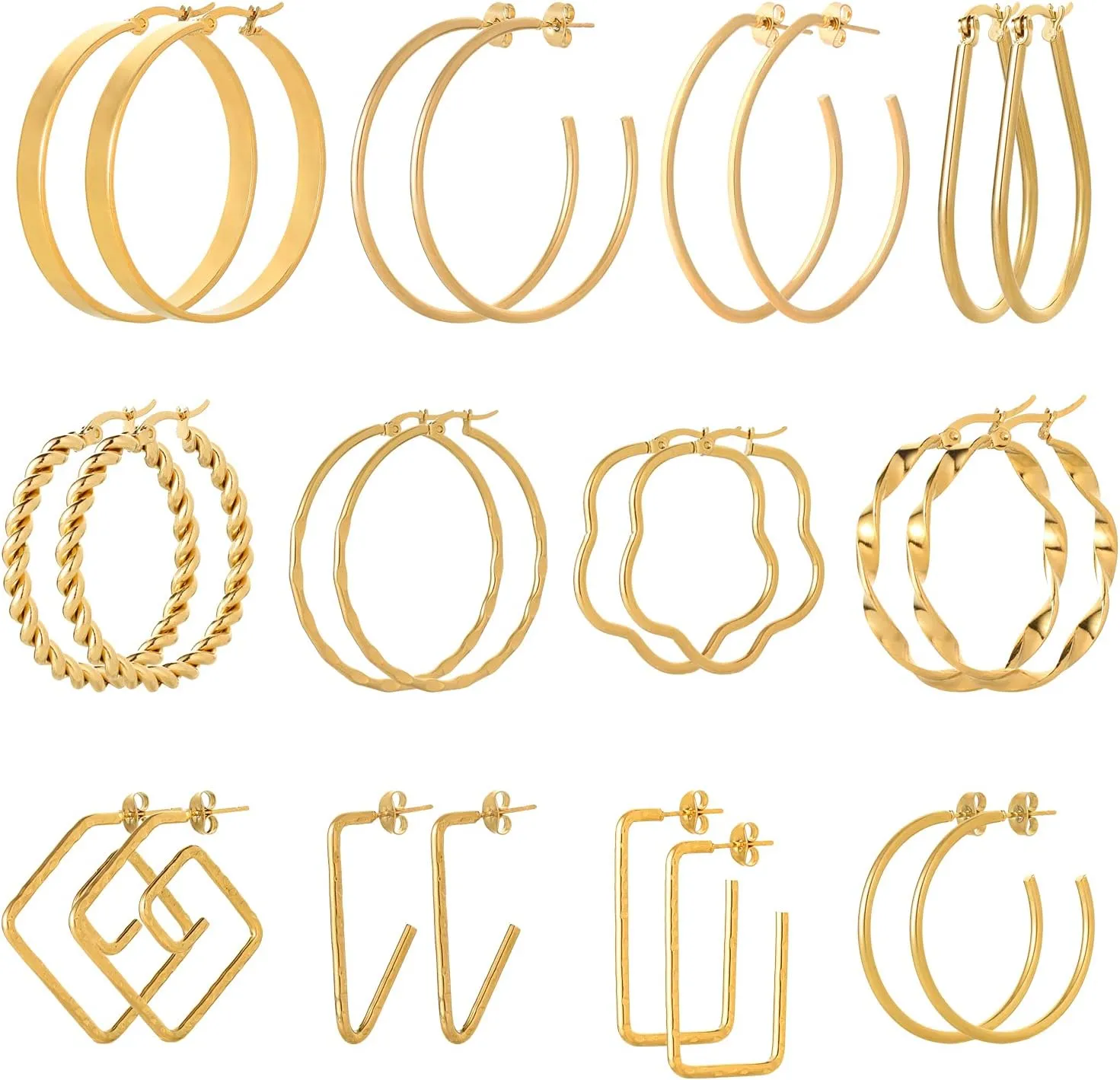 Starain 12Pcs Gold Open Hoop Earrings for Women Lightweight Stainless Steel Circle Twisted Chunky Hoop Earrings Set