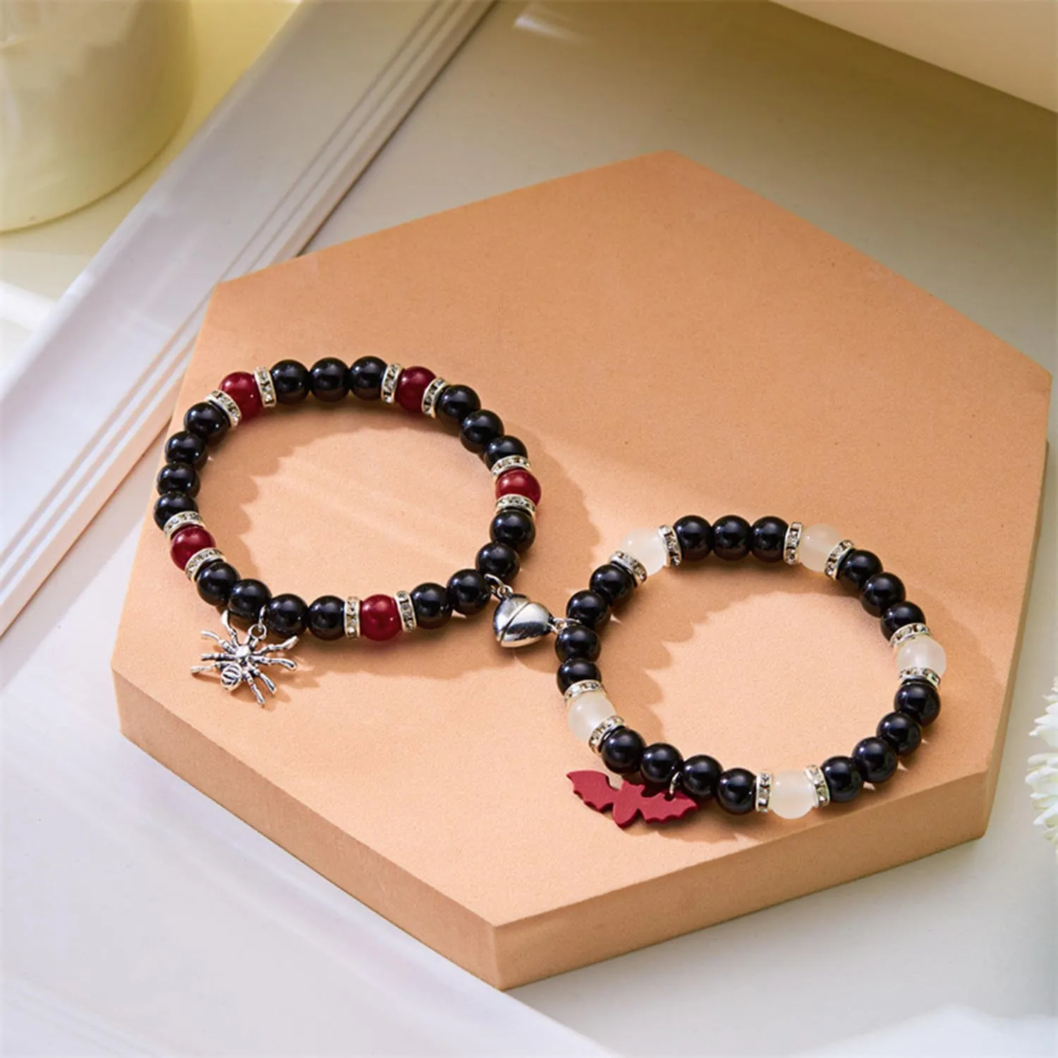 Statement Matching Bracelets for Couples, Heart Charm Beaded Bracelet Sets