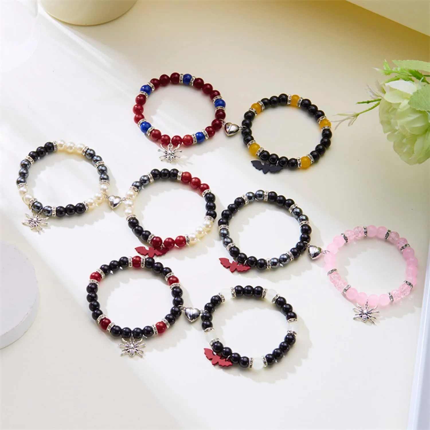 Statement Matching Bracelets for Couples, Heart Charm Beaded Bracelet Sets