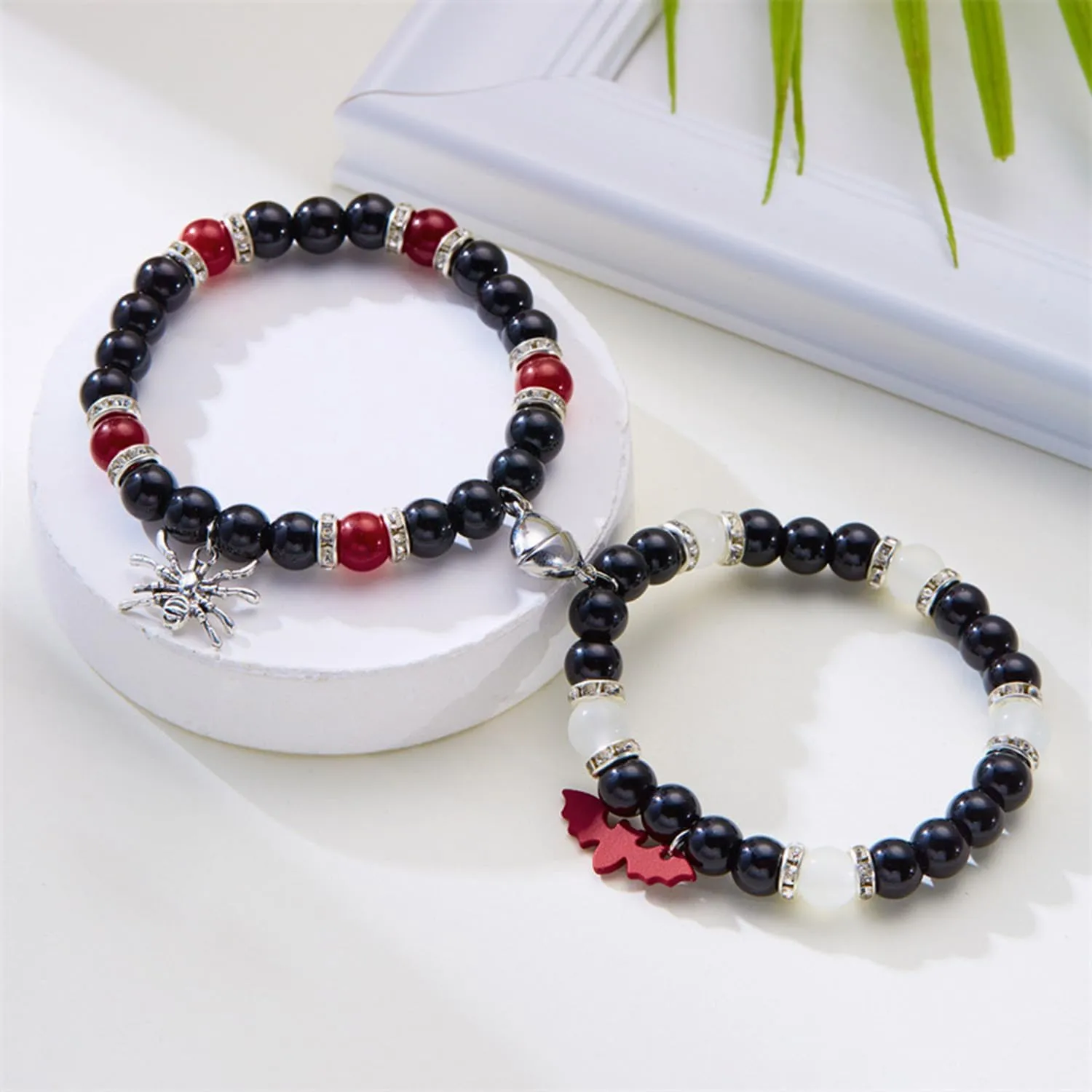 Statement Matching Bracelets for Couples, Heart Charm Beaded Bracelet Sets