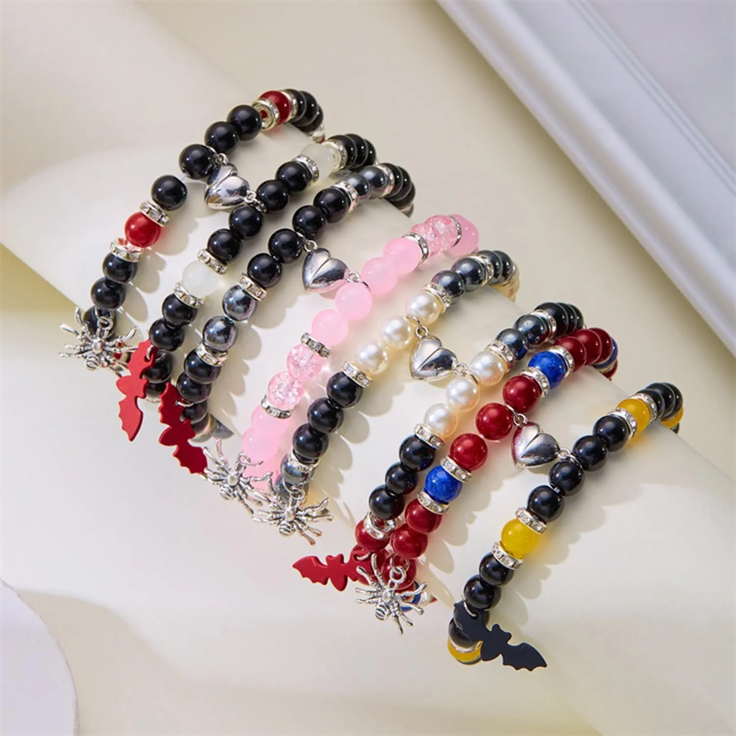 Statement Matching Bracelets for Couples, Heart Charm Beaded Bracelet Sets