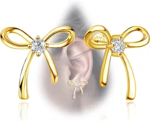 Sterling Silver Gold Bow Stud Earrings for Women Hypoallergenic Lightweight Cute for Sensitive Ears for Women