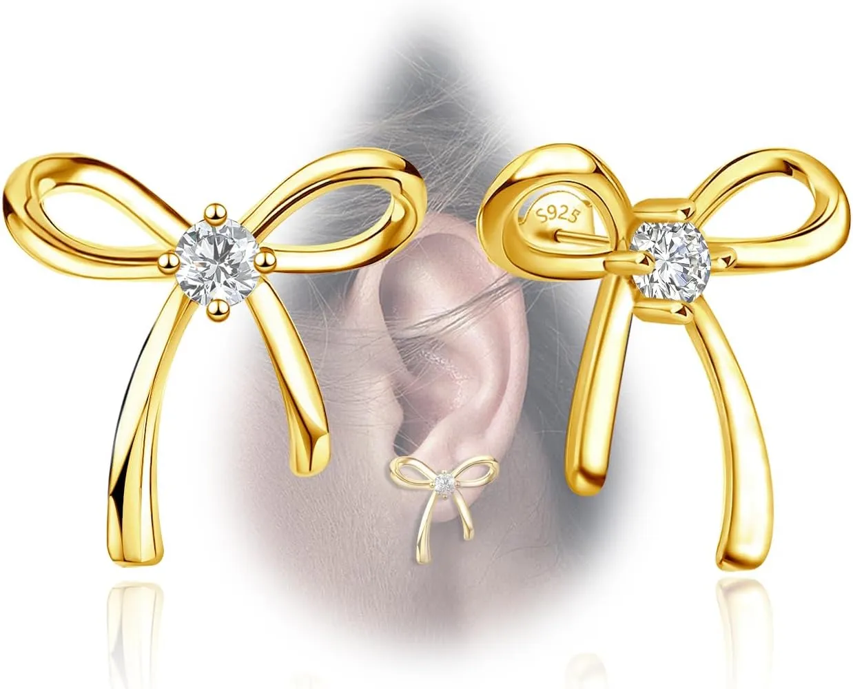 Sterling Silver Gold Bow Stud Earrings for Women Hypoallergenic Lightweight Cute for Sensitive Ears for Women