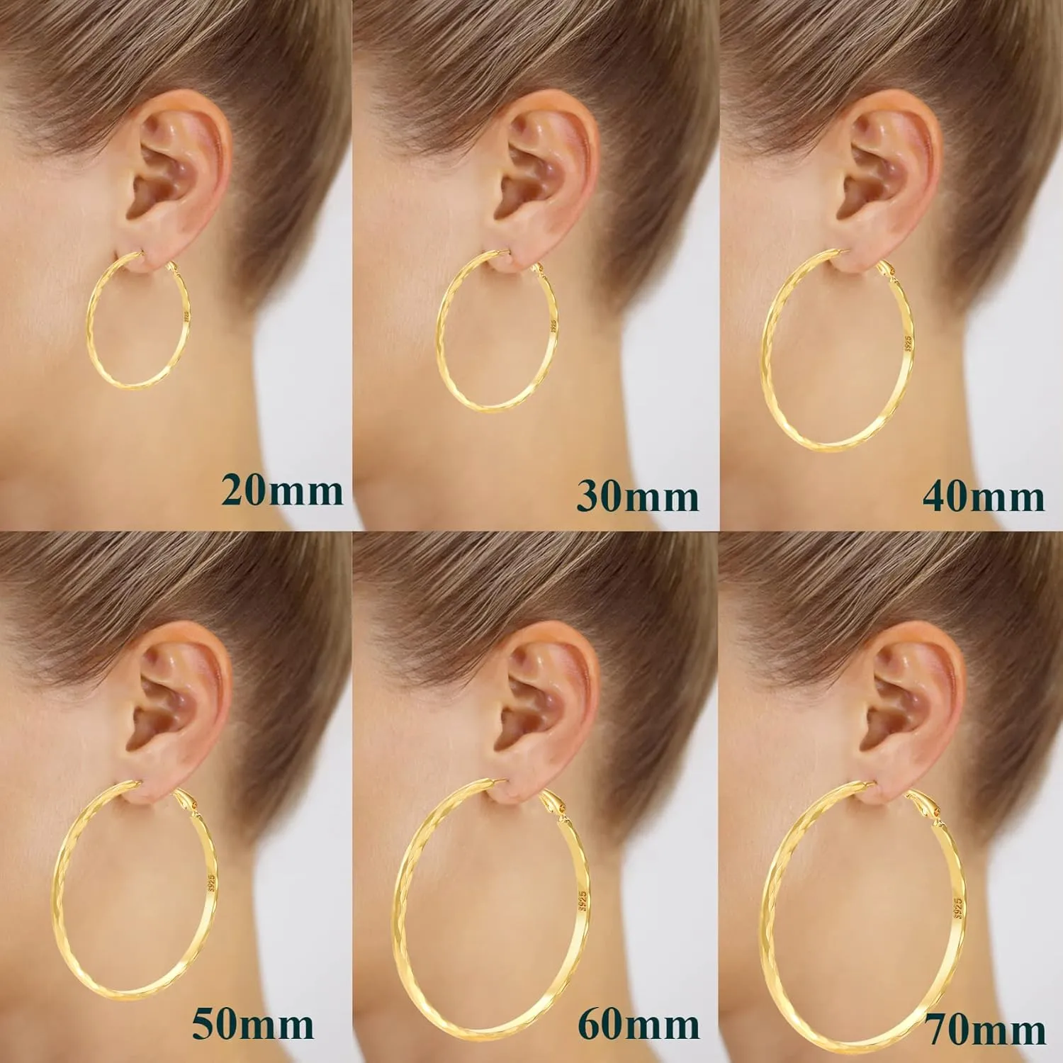 Sterling Silver Hoop Earrings - Diamond-Cut Circle Hoops, Hypoallergenic, 3mm Thin, Oversize 20/30/40/50/60mm