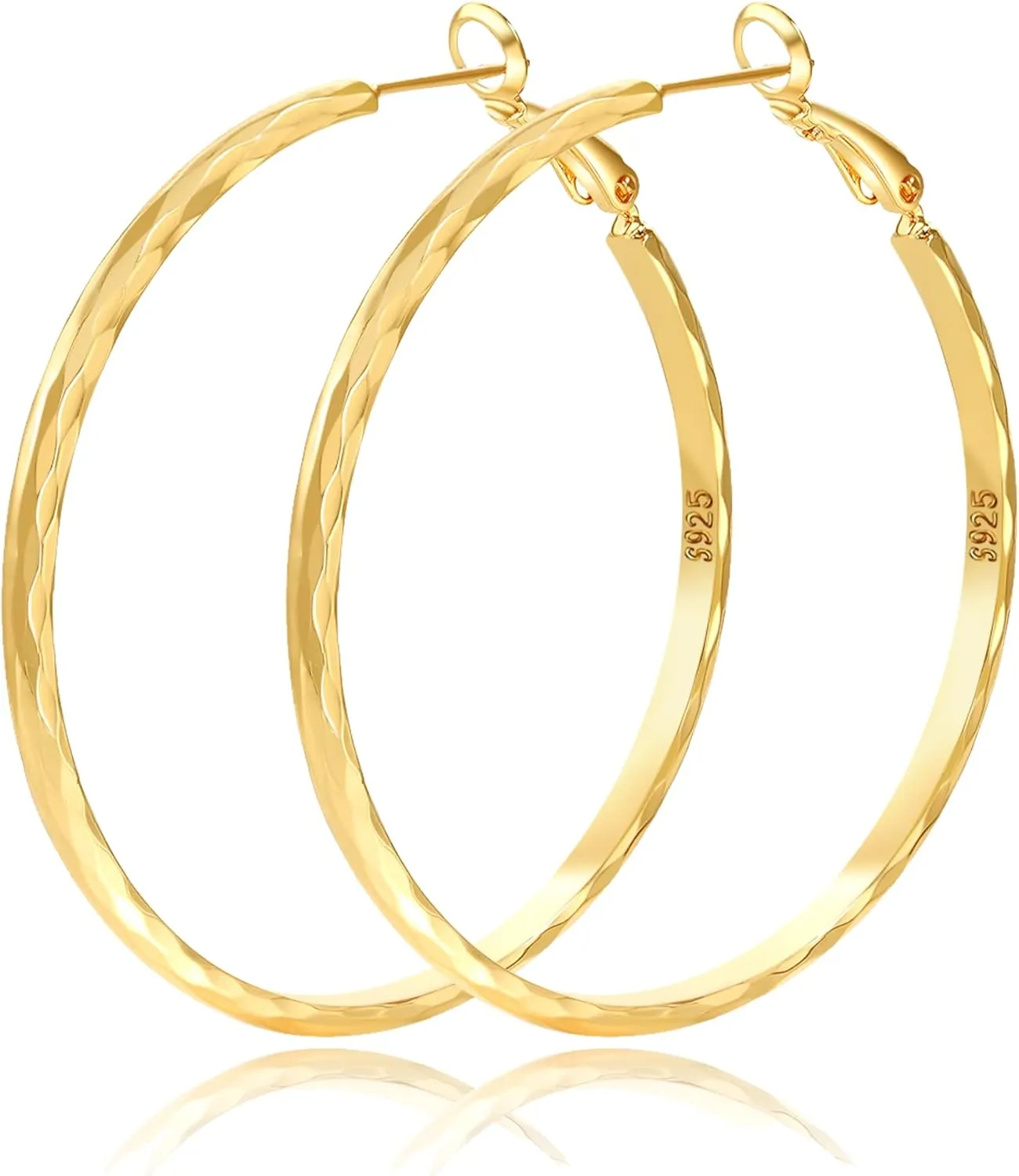 Sterling Silver Hoop Earrings - Diamond-Cut Circle Hoops, Hypoallergenic, 3mm Thin, Oversize 20/30/40/50/60mm