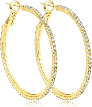Sterling Silver Hoop Earrings S925 Large Rhinestone Silver Hoop Earrings for Women Thin Cubic Zirconia Big Silver Hoop Earrings