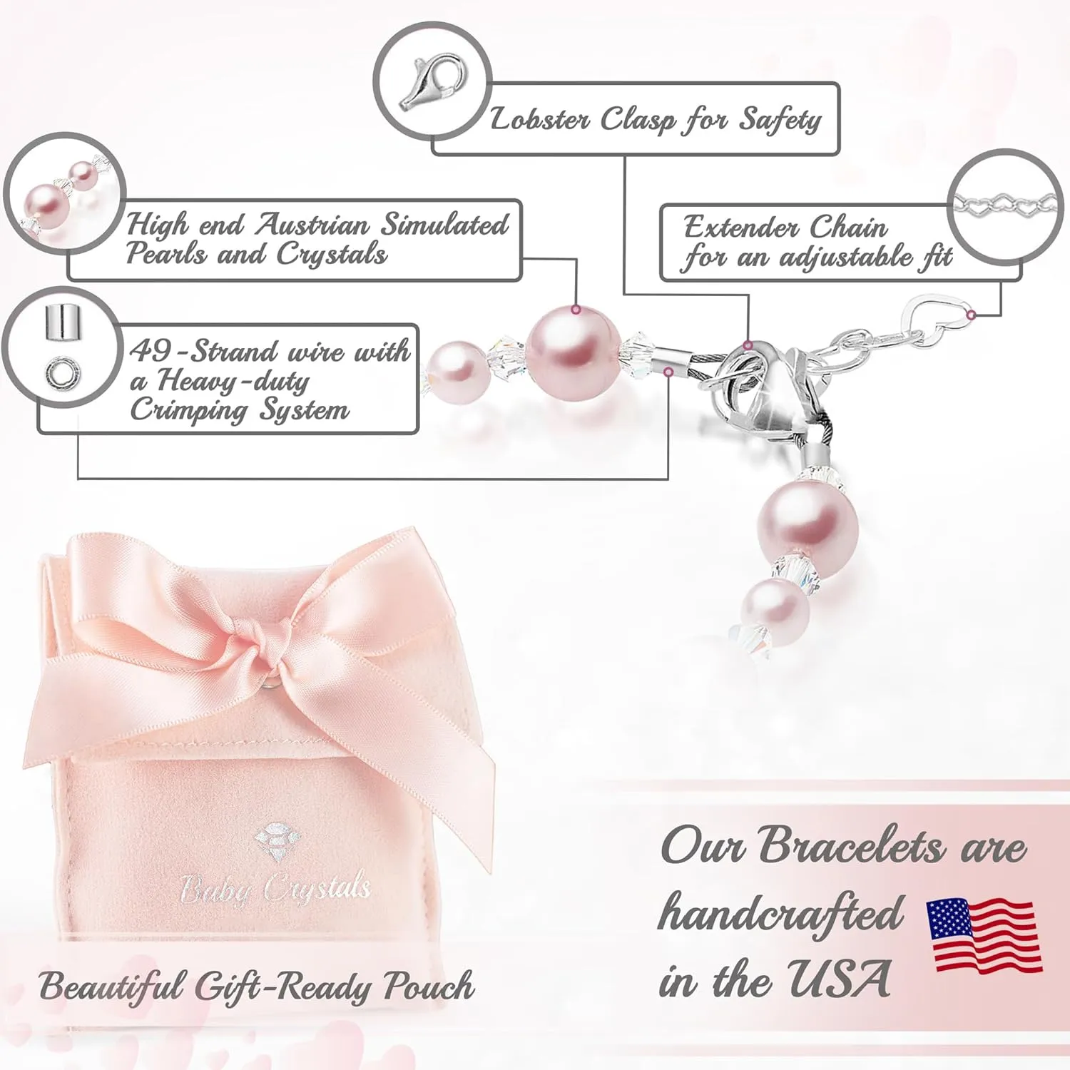 Sterling Silver Jewelry Pink Pearl Bracelet for Girls, Baby Girl Gifts, Newborn Baby Bracelets for Infant Girls, Toddler Bracelets, little Girl Jewelry, Birthday Gifts