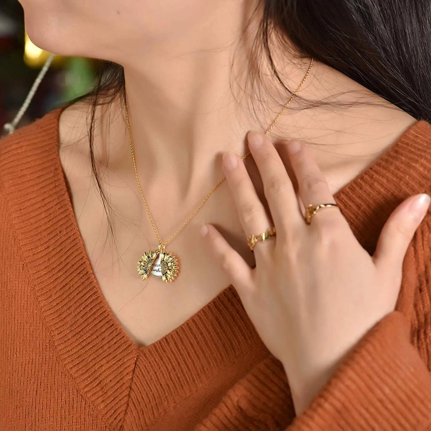 Sterling Silver Sunflower Locket Necklace You Are My Sunshine Engraved Pendant Necklaces Anniversary Jewelry for Her