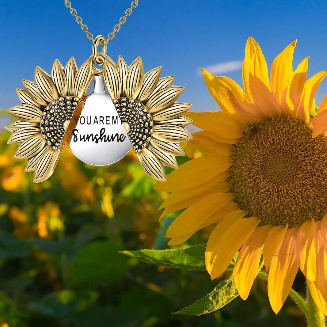 Sterling Silver Sunflower Locket Necklace You Are My Sunshine Engraved Pendant Necklaces Anniversary Jewelry for Her