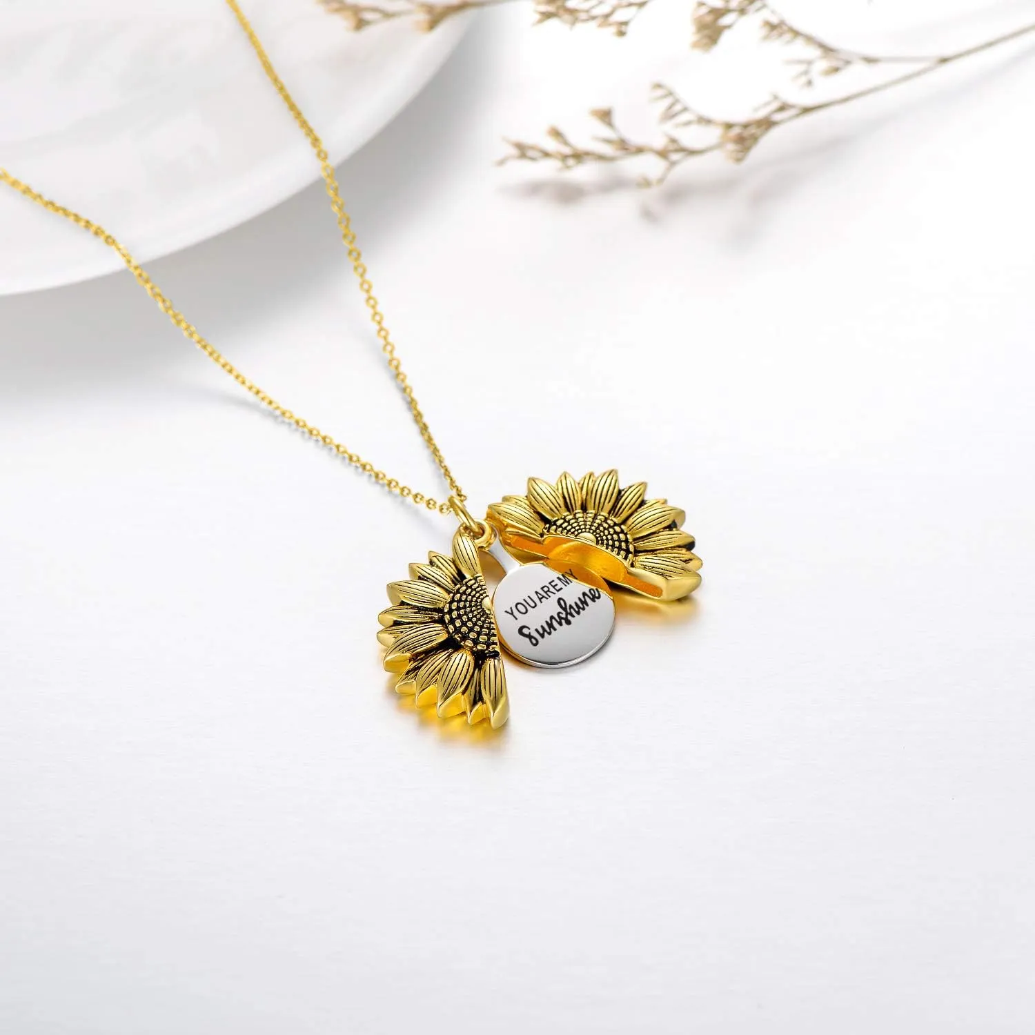 Sterling Silver Sunflower Locket Necklace You Are My Sunshine Engraved Pendant Necklaces Anniversary Jewelry for Her