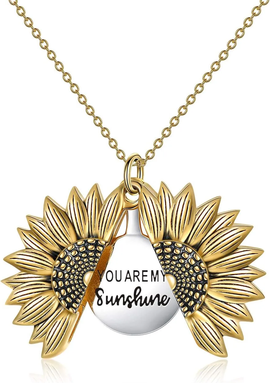 Sterling Silver Sunflower Locket Necklace You Are My Sunshine Engraved Pendant Necklaces Anniversary Jewelry for Her
