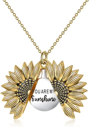 Sterling Silver Sunflower Locket Necklace You Are My Sunshine Engraved Pendant Necklaces Anniversary Jewelry for Her