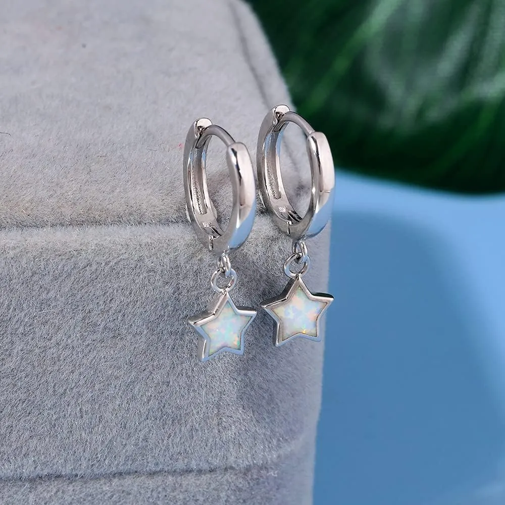 Sterling Silver/Rose Gold Plated Opal Dangle Hoop Earrings for Women Star Huggie Earrings for Girls Dainty Geometric Jewelry