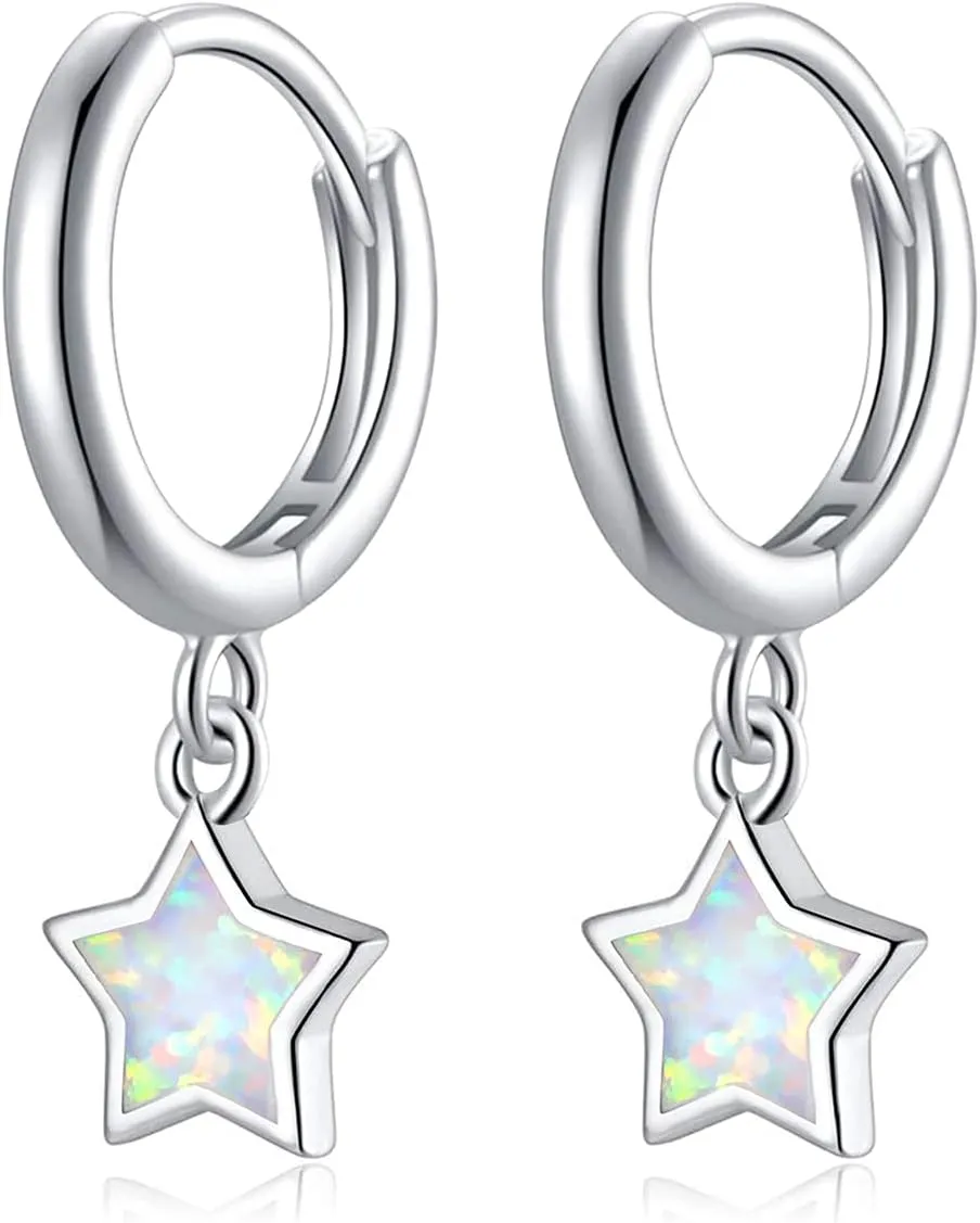 Sterling Silver/Rose Gold Plated Opal Dangle Hoop Earrings for Women Star Huggie Earrings for Girls Dainty Geometric Jewelry