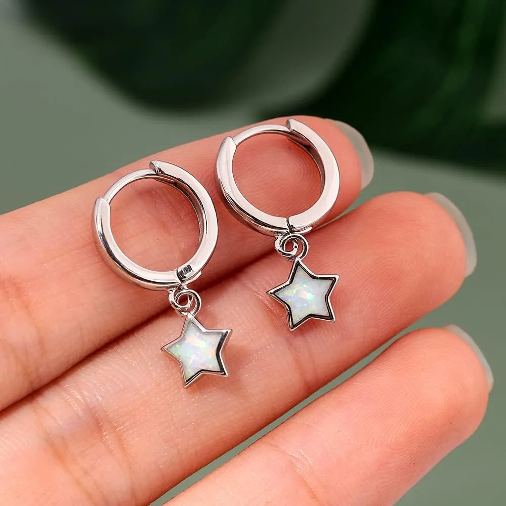 Sterling Silver/Rose Gold Plated Opal Dangle Hoop Earrings for Women Star Huggie Earrings for Girls Dainty Geometric Jewelry