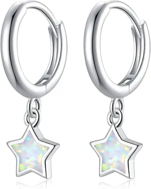 Sterling Silver/Rose Gold Plated Opal Dangle Hoop Earrings for Women Star Huggie Earrings for Girls Dainty Geometric Jewelry