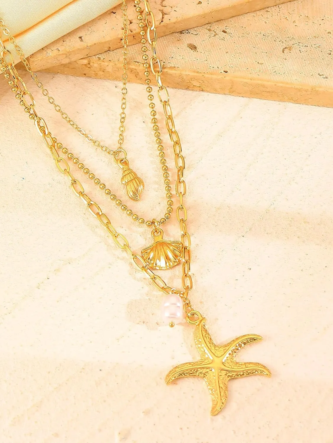 Summer Beach Shell Necklace Layered Pearl Seashell Choker Necklaces Sequins Conch Starfish Beaded Surfer Hawaii Beach Costume for Women
