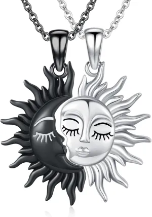 Sun and Moon Necklaces 925 Sterling Silver Sun Moon Face Necklace Couples Friendship BFF Jewelry for Women Men