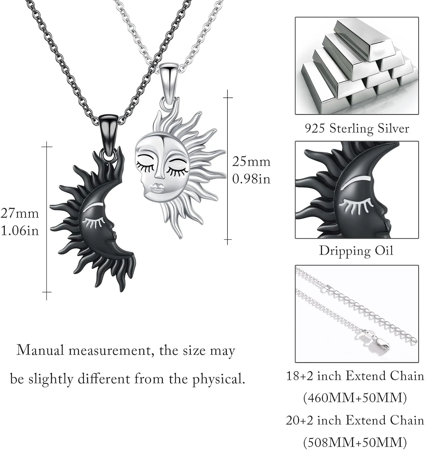 Sun and Moon Necklaces 925 Sterling Silver Sun Moon Face Necklace Couples Friendship BFF Jewelry for Women Men
