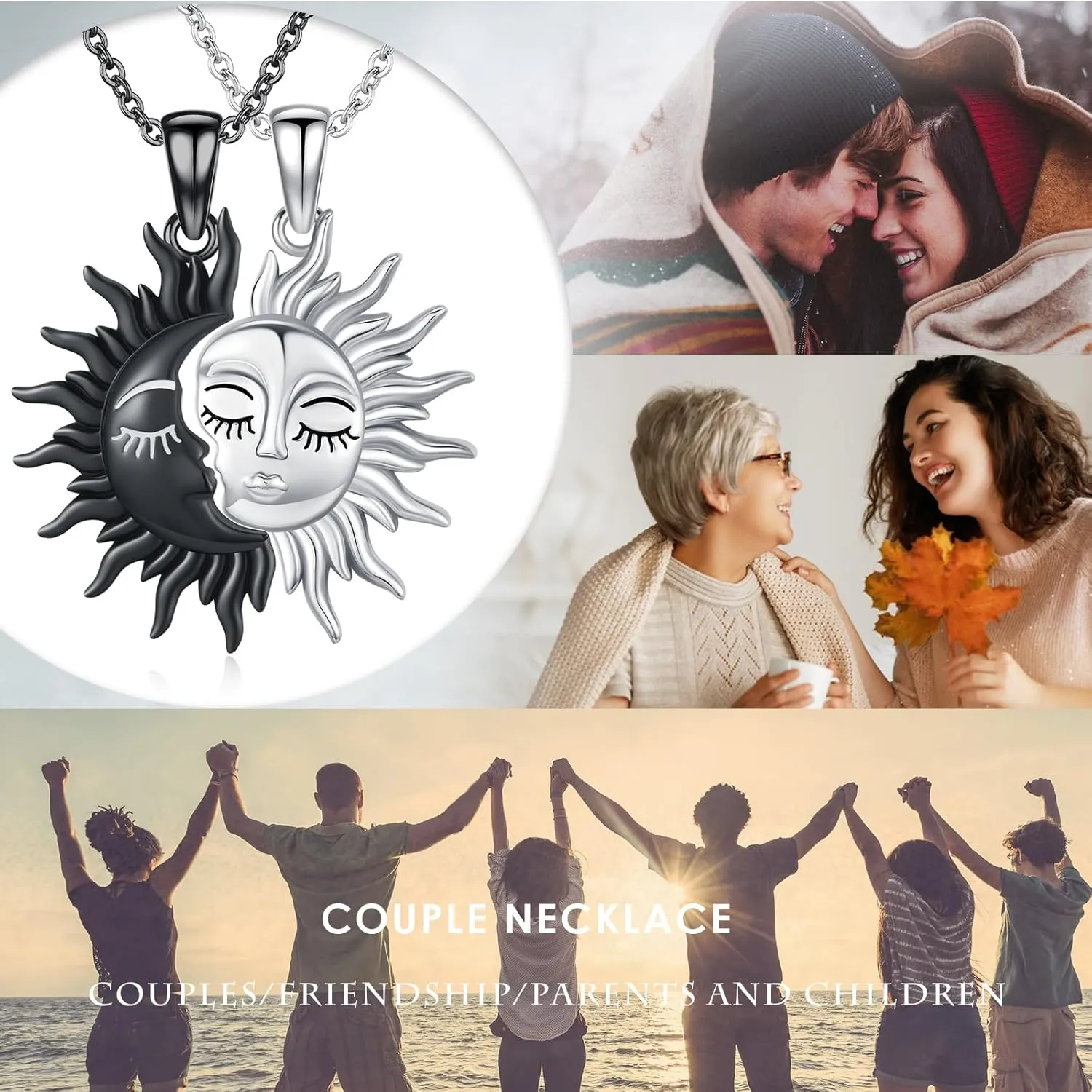 Sun and Moon Necklaces 925 Sterling Silver Sun Moon Face Necklace Couples Friendship BFF Jewelry for Women Men