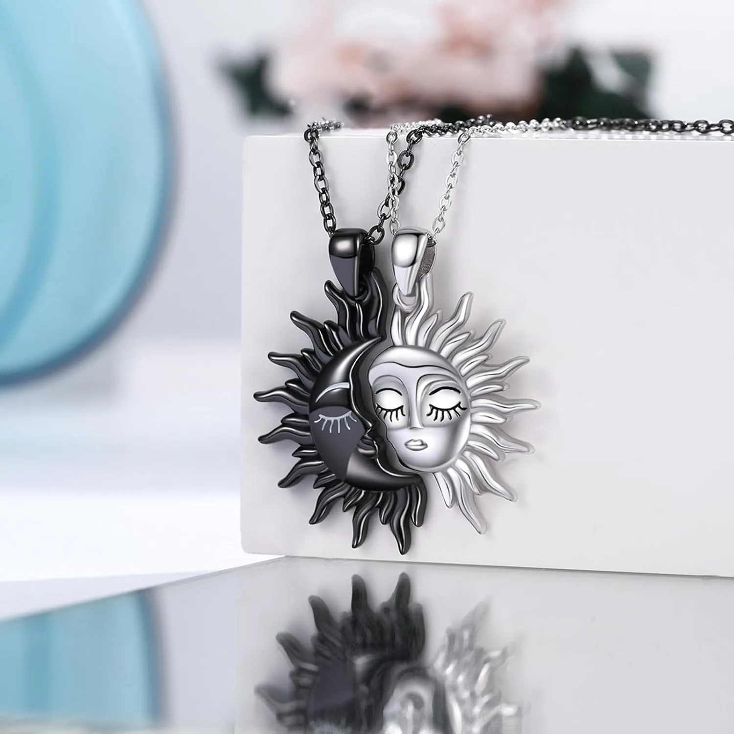 Sun and Moon Necklaces 925 Sterling Silver Sun Moon Face Necklace Couples Friendship BFF Jewelry for Women Men