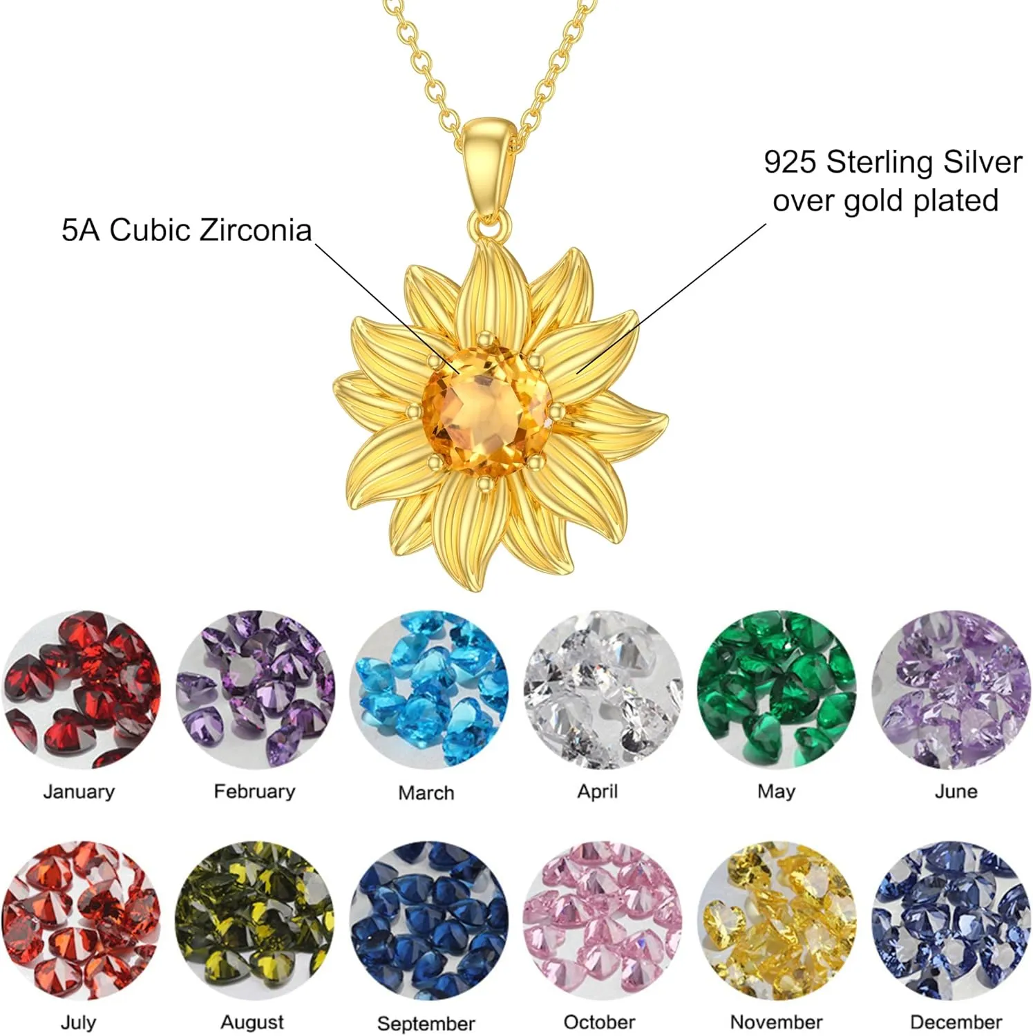 Sunflower Necklaces for Women 925 Sterling Silver You're My Sunshine Sunflower Pendant Natural/Created Birthstone Gemstone Jewelry Gifts for Mother