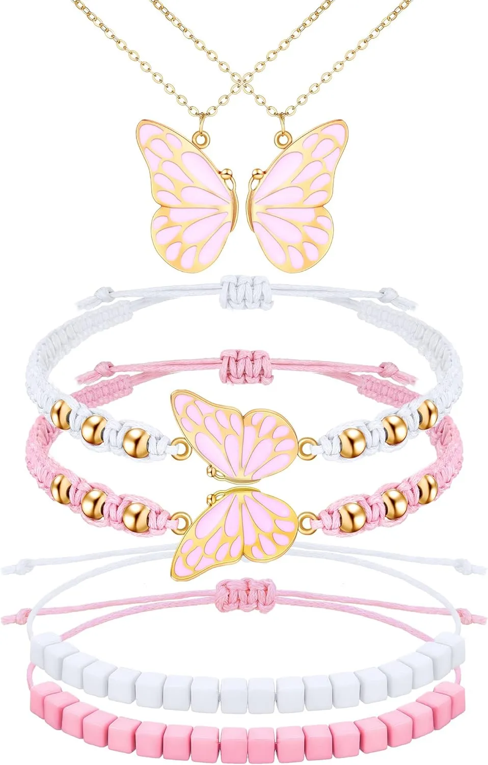 Sureio 6 Pieces Friendship Necklace Bracelet Butterfly Bestfriend Bff Necklace Matching Bracelet for 2 Adjustable Cord for Women Friends Birthday Gifts