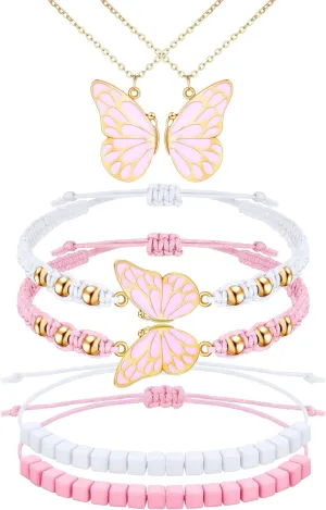 Sureio 6 Pieces Friendship Necklace Bracelet Butterfly Bestfriend Bff Necklace Matching Bracelet for 2 Adjustable Cord for Women Friends Birthday Gifts
