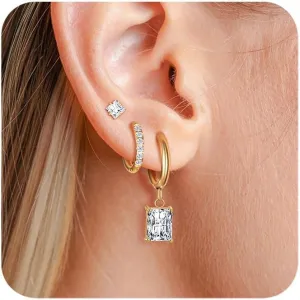Surgical Steel Small Huggie Hoop Earrings Set 14K Gold Plated Hypoallergenic CZ Stud Earrings for Women Waterproof and Non Tarnish Rectangle