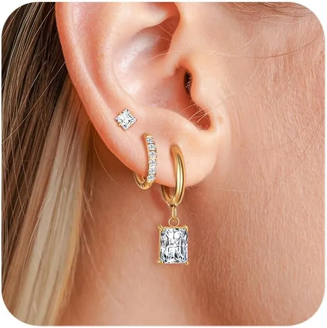 Surgical Steel Small Huggie Hoop Earrings Set 14K Gold Plated Hypoallergenic CZ Stud Earrings for Women Waterproof and Non Tarnish Rectangle