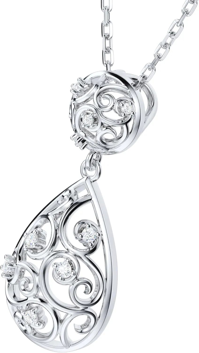 THELANDA Genuine Moissanite Sterling Silver 3D Filigree Water Drop Pendant Necklace, Adjustable 18-20 Inch Chain with Lobster Clasp, Elegant Fine Jewelry Gift for Women