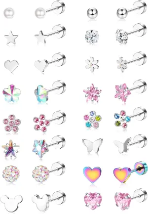 THUNARAZ 16 Pairs Hypoallergenic Screw Back Earrings for Girls Women Surgical Steel Cute CZ Heart Flower Star Butterfly Screwback Stud Earrings Set 20G