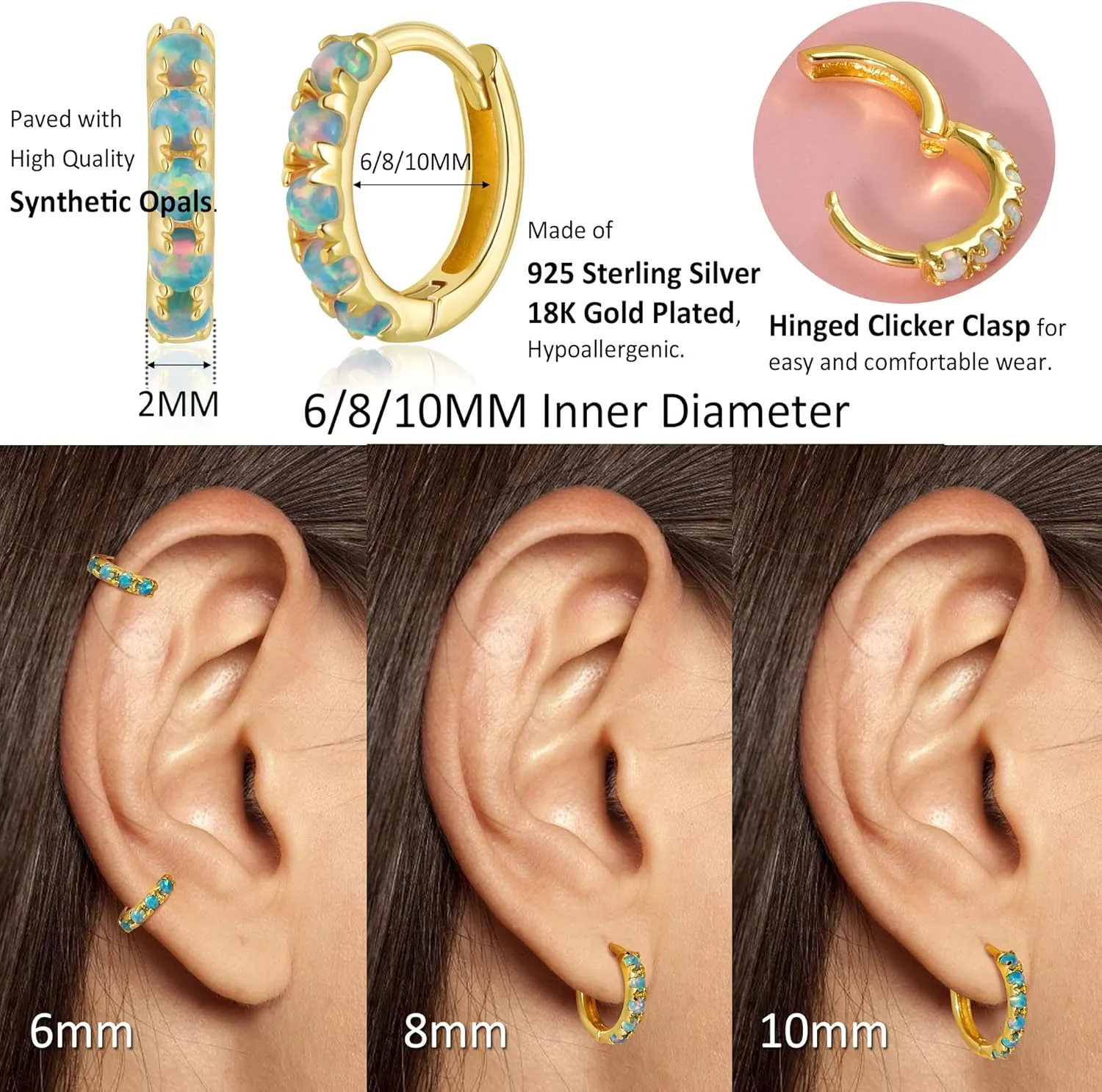 Tiny Mini Opal Huggie Hoop Earrings Upper Ear Cartilage Helix 18k Gold Plated Silver Minimalist Simple Small 10mm 8mm 6mm Hoop Earrings