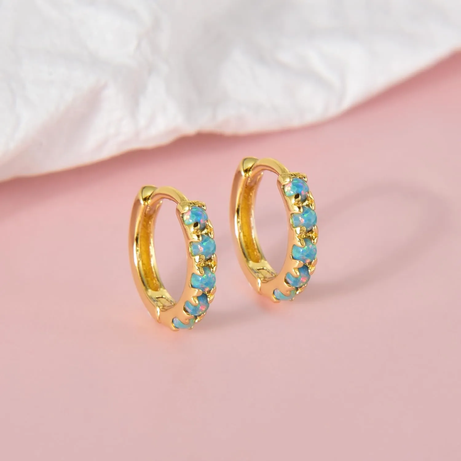 Tiny Mini Opal Huggie Hoop Earrings Upper Ear Cartilage Helix 18k Gold Plated Silver Minimalist Simple Small 10mm 8mm 6mm Hoop Earrings