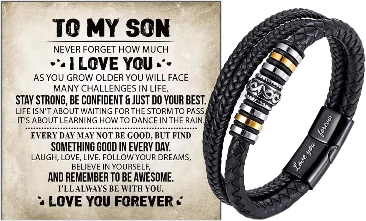 To My Son Bracelet From Mom/Dad,Sons Infinity Knot Engraved Bracelets Multi-Layer Braided Leather Inspirational Bangle Bracelets Christmas Birthday Jewelry Gifts From Dad