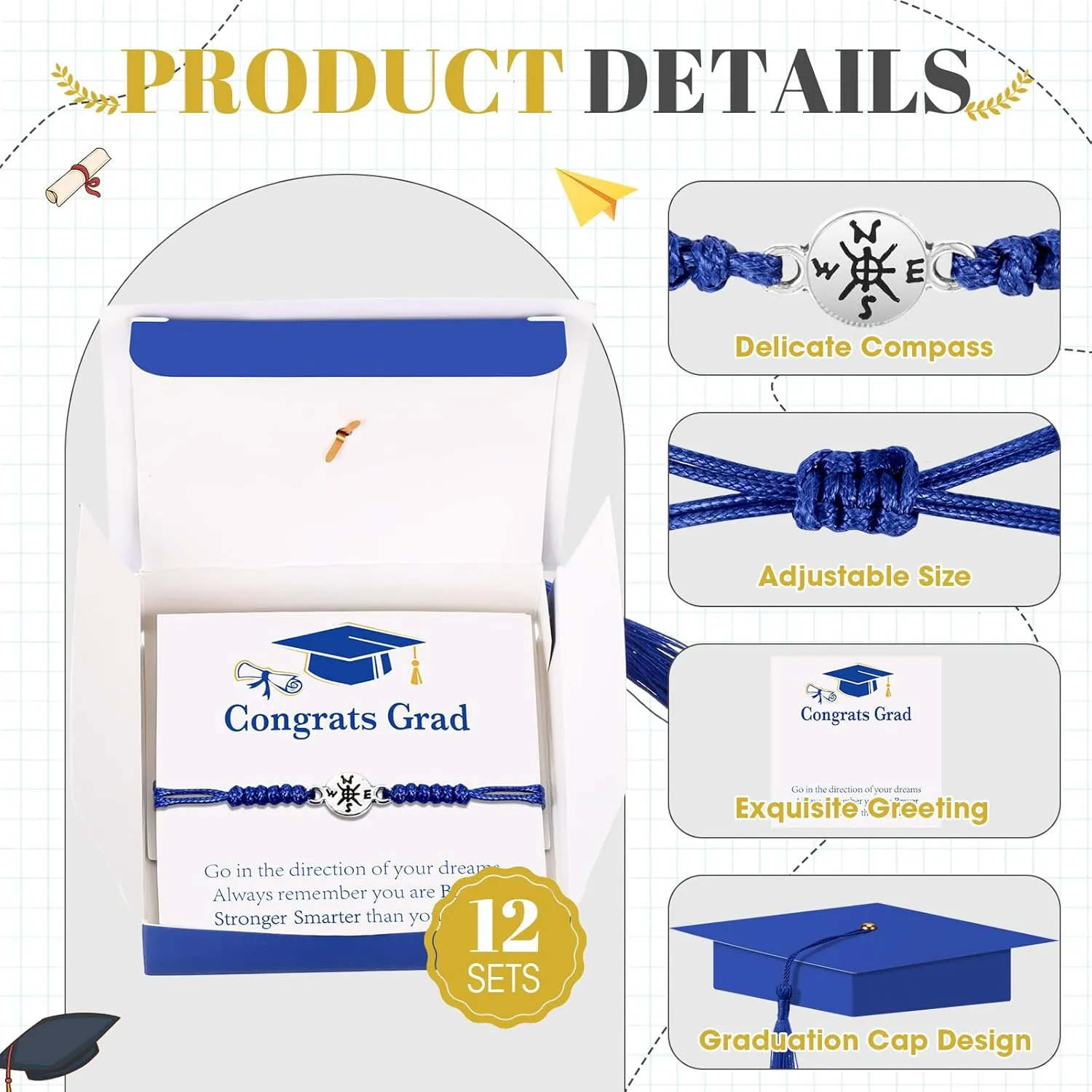 Tondiamo 12 Sets Graduation Compass Bracelets with Card Gift Boxes, Class of 2025 Graduation Gift for College Senior Masters