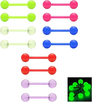 Tongue Rings Barbell Nipple Bars 12Pcs Glow in The Dark 14G Bioflex Acrylic or Stainless Steel Piercing Rings Jewelry