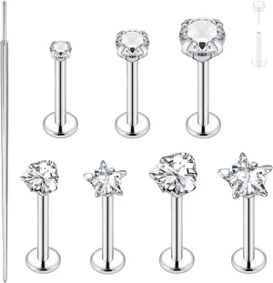 Top Push in Threadless 316L Surgical Steel Flat Back Stud for Nose Heart,Round,Star CZ Lip Stud Bone Studs Nose Piercing Jewelry for Women Men