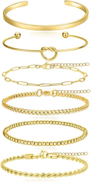 Tornito 6Pcs Gold Bracelets 14K Gold Plated Stainless Steel Link Chain Bracelet Waterproof Stackable Cuban Paperclip Bead Rope Love Knot Cuff Bracelets for Women 6.5 Inches Silver Gold Tone Adjustable