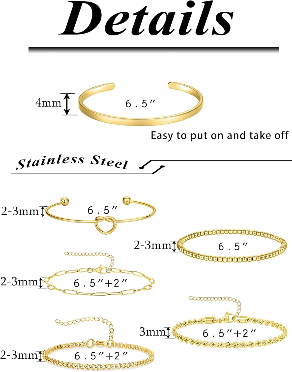 Tornito 6Pcs Gold Bracelets 14K Gold Plated Stainless Steel Link Chain Bracelet Waterproof Stackable Cuban Paperclip Bead Rope Love Knot Cuff Bracelets for Women 6.5 Inches Silver Gold Tone Adjustable