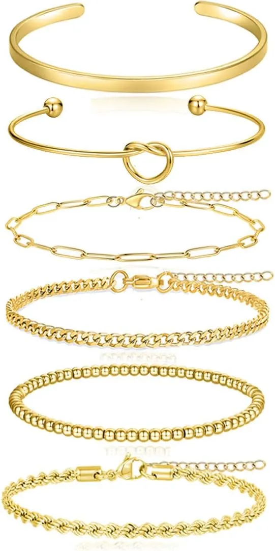 Tornito 6Pcs Gold Bracelets 14K Gold Plated Stainless Steel Link Chain Bracelet Waterproof Stackable Cuban Paperclip Bead Rope Love Knot Cuff Bracelets for Women 6.5 Inches Silver Gold Tone Adjustable